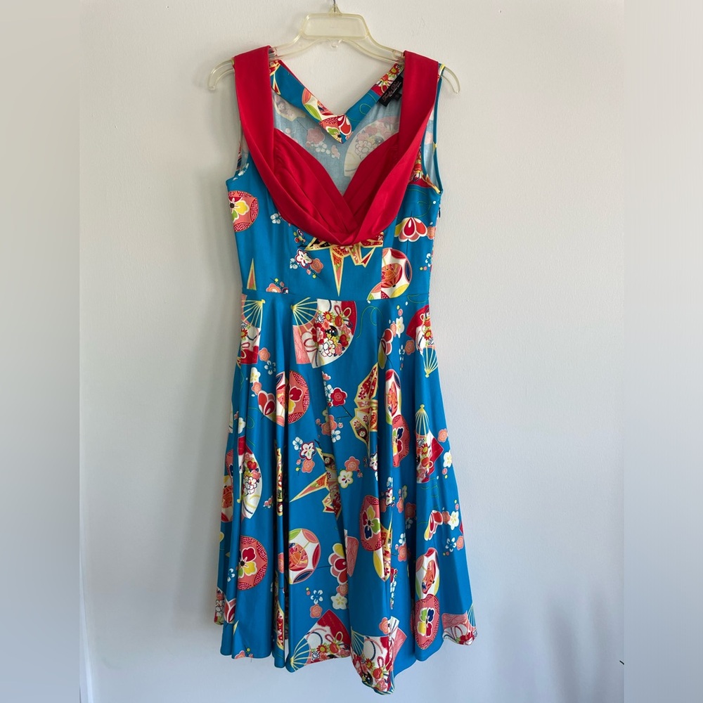 Pinup Chinese Fan and Paper Cranes blue and red dress